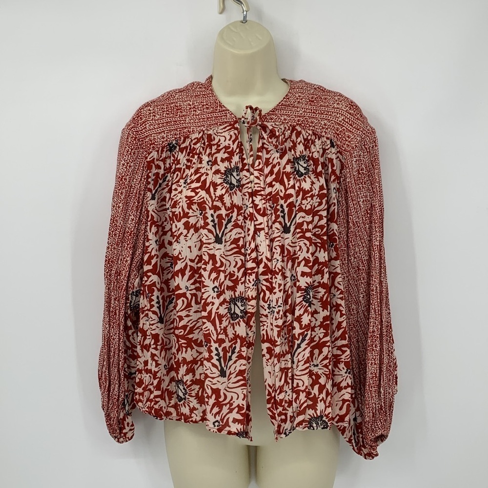 Free People Boho open front tie kimono jacket red cream Peasant blouse print M